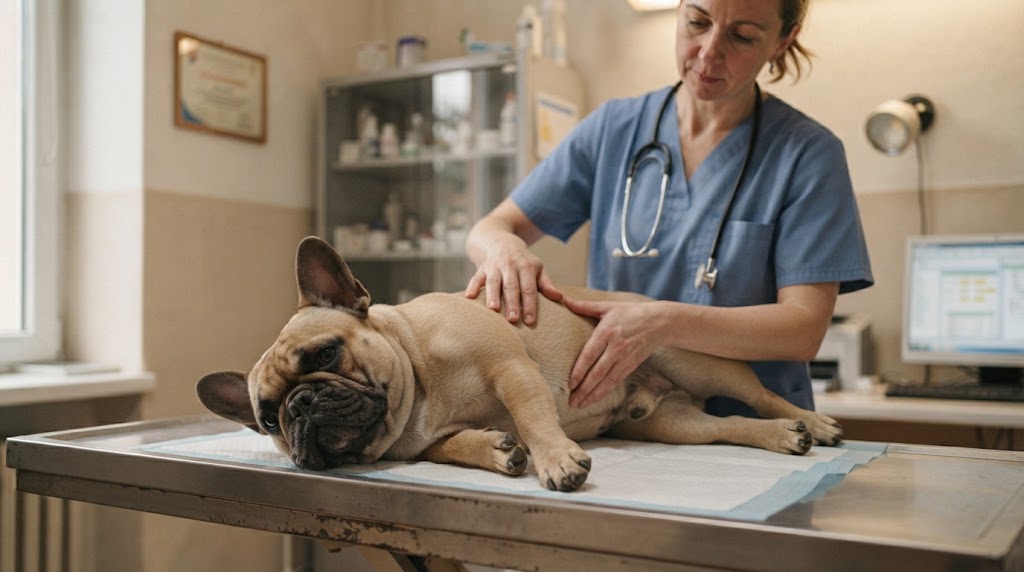 Veterinárka jemne vyšetruje brucho francúzskeho buldočka